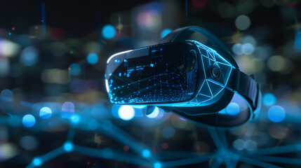 A sleek VR headset illuminated by neon lights, epitomizing the futuristic advances in virtual reality and immersive technology.
