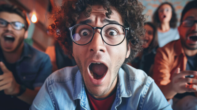 A group of friends reacts with excitement and awe while watching an intense game or a thrilling event on a screen.