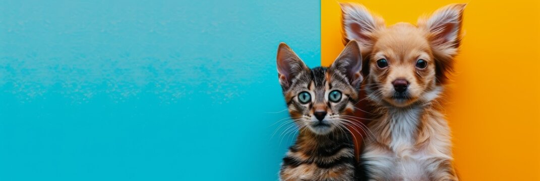 An adorable cat and dog are best friends, posing happily against a colorful background
