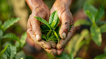Close-up of weathered hands, muddy and tenderly holding a young green plant, symbolizing a connection to nature and nurturing growth.
