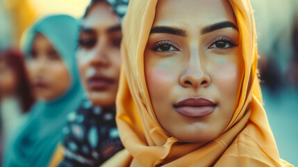 Obraz premium Three individuals adorned in colorful hijabs stand together, each reflecting unique beauty and cultural vibrancy, emphasizing unity and pride.