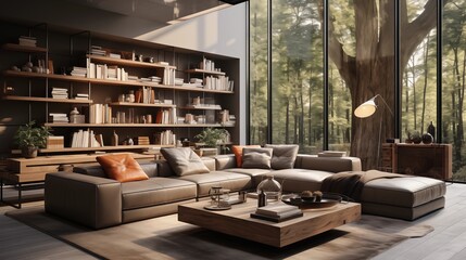 Minimalist living room with a large sectional sofa