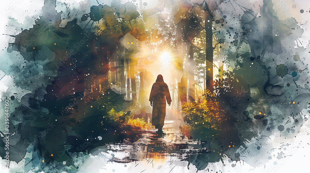 Wall mural digital watercolor painting of jesus watercolor painting, jesus walking along a quiet country road a - Wall murals