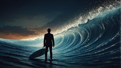 Businessman surfing the digital wave of binary numbers, a silhouette symbolizing navigating the digital world