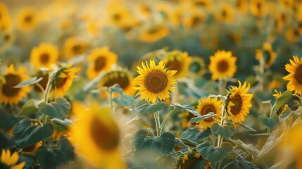 A field of sunflowers in full bloom. The sunflowers are bright yellow and the leaves are a deep green. The flowers are all facing the sun.