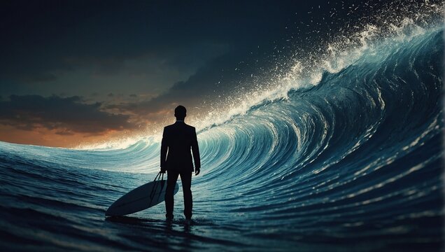 Businessman surfing the digital wave of binary numbers, a silhouette symbolizing navigating the digital world