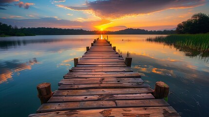 A rustic wooden pier stretching out over a calm lake, the water reflecting the brilliant colors of sunset. - Powered by Adobe