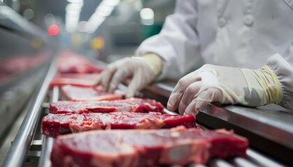 A meat processing plant worker wearing a white coat and gloves inspects cuts of beef on a conveyor belt. A close up of a meat processing plant worker wearing a glove and touching a piece of meat.	