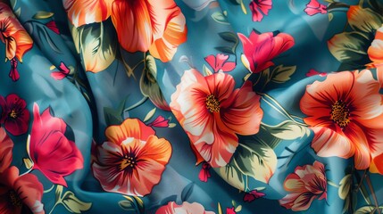 A beautiful floral pattern with orange and red flowers on a blue background. The flowers are hibiscus and are surrounded by green leaves.