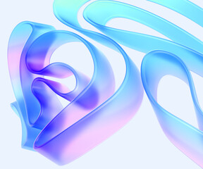 Abstract glass translucent ribbon folds on blue background 3d render. Holographic tape wave line of plastic or acrylic with rainbow color gradient texture, curve hologram shape design. 3D illustration