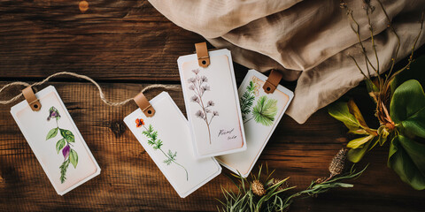 Handcrafted Botanical Bookmarks on Rustic Wooden Background