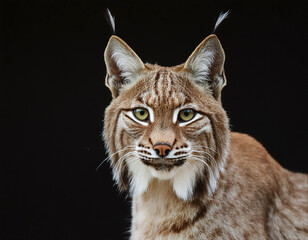 Obraz premium A close-up portrait of a lynx with piercing green eyes, tufted ears, and a spotted coat against a dark background