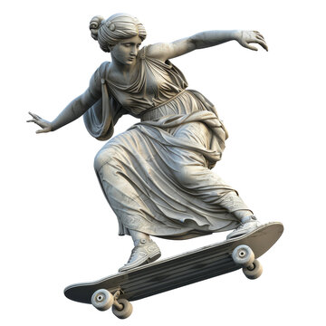 Greek Female Statue On A Skateboard ,isolated On White Background , PNG Die-cut, Clipart