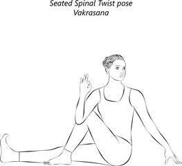 Sketch of young woman practicing Vakrasana yoga pose. Seated Spinal Twist pose. Intermediate Difficulty. Isolated vector illustration.