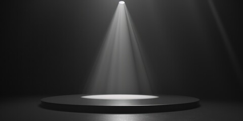 Simple spotlight on a minimalist grey stage, highlighting a central point with subtle light gradients. 