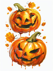 Two pumpkins with faces painted on them and leaves surrounding them