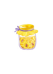 Jar of apricot jam. Summer bright watercolor illustration. Fruit dessert. White background