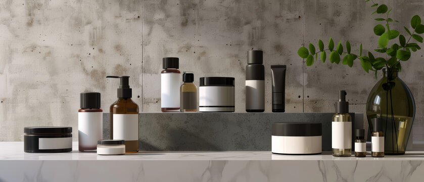 Sophisticated skincare products arrayed on a marble counter against a concrete backdrop.