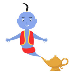 Blue Genie cartoon and magic lamp. Vector illustration