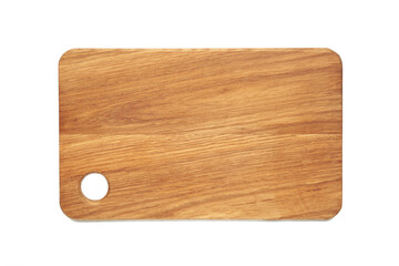 Wooden cutting board isolated on white background. Flat lay top view