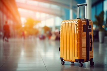 Yellow suitcase in airport. Background with selective focus and copy space.