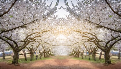 A stunning tunnel of cherry blossom trees illuminated by soft, warm lights at twilight. The delicate petals create a canopy overhead, reflecting a serene and magical ambiance.