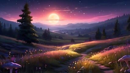 Fototapeta premium Anime beautiful 8k glowing moon plants wallpaper field backdrop background landscape moonlight generative AI