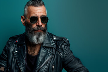 Obraz premium A Rugged Man in a Leather Jacket, Posing Against a Teal Wall.
