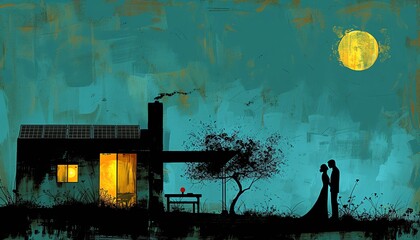 Silhouette of a couple in love standing outside a cozy cabin under a full moon.