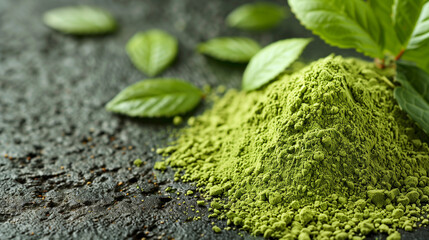 Heap of green matcha tea powder and leaves. Matcha Tea with Kettle. Concept of japanese tea with matcha on dark table. Matcha Green Tea and Japanese tea set on Wooden Background. Flat lay of tools. 