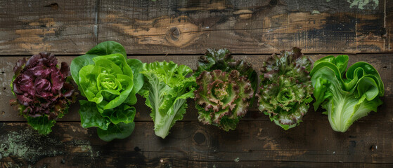 A rustic lineup of fresh, garden-grown lettuce varieties on wood.