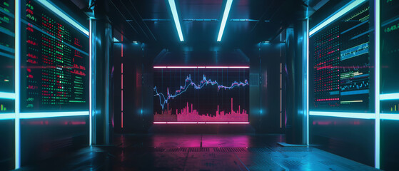 Futuristic data center with neon lights illuminating financial graphs.