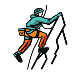 Fototapeta premium Climber ascending ladder, equipped safety gear, helmet, harness. Sport climbing activity, dynamic pose, stylized vector graphic. Bold colors, determined person, climbing equipment, white backdrop