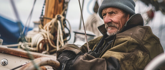 Obraz premium Grizzled seafarer wrapped in a coat, rests on his boat, a picture of resilience.