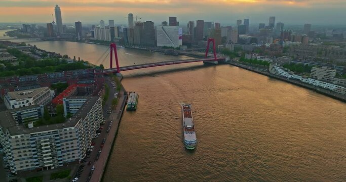 Aerial view of the Erasmus Bridge and island in the center of Rotterdam, Netherlands
