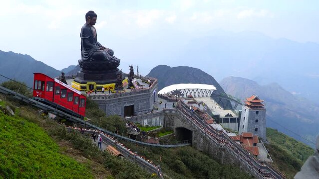 Impressive location on top of Fansipan Sapa hill and passing funicular, Vietnam.