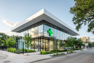 Modern storefront with green cross symbol, glass exterior, contemporary design found in commercial healthcare buildings, with clean lines, greenery, large windows