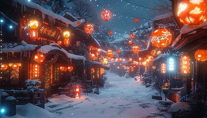 Snowy village street at night with glowing lanterns and fairy lights