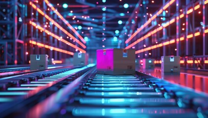 Industrial warehouse with dynamic digital data visualizations on the background, showcasing modern technology in motion control and quality management for logistics and freight.