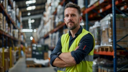 Fototapeta premium A portrait of an attractive man in his late thirties, wearing work and safety vest with crossed arms standing inside the warehouse . stacked shelves filled to ceiling height with boxes of goods.