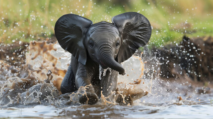 A baby elephant is playing in the water with its trunk. The scene is lively and playful, with the baby elephant enjoying its time in the water