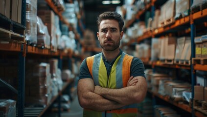 Fototapeta premium A portrait of an attractive man in his late thirties, wearing work and safety vest with crossed arms standing inside the warehouse . stacked shelves filled to ceiling height with boxes of goods.