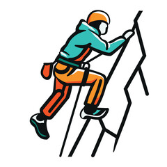Climber ascending ladder, safety gear, outdoor adventure. Man equipped helmet, harness climbing, extreme sports theme. Bold color isolated vector graphic, active lifestyle concept