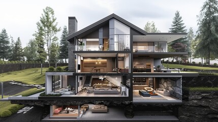 High-Resolution 3D Model of Modern Home Cross Section Showcasing Estate and Property