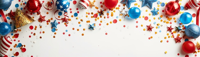A festive scene with red, white, and blue decorations, including stars