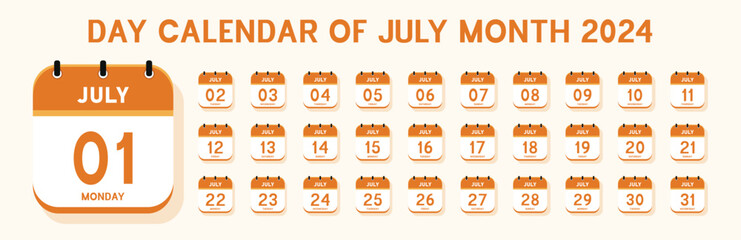 Day calendar of july month 2024. Vector flat daily calendar icon. Date, day and month. 