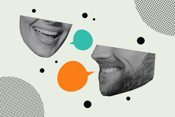 Creative trend collage of female man heads talking mouth speech bubble communication weird freak...