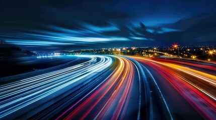 High-Speed Night Journey: Car on Lit Roadway Captured in Long-Exposure