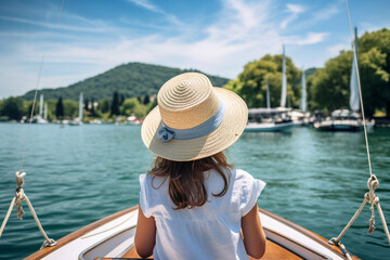 Cute child spending weekend vacation on the boat sea ocean river lake, Generative AI