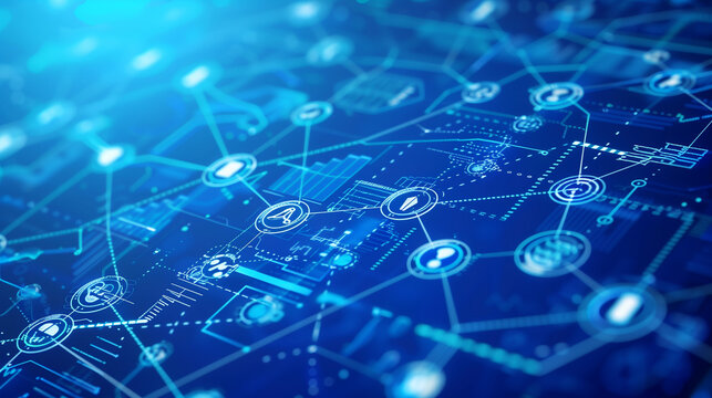 A blue background with many small blue dots that are connected to each other. The dots are all different shapes and sizes, and they are all connected to each other in a complex web